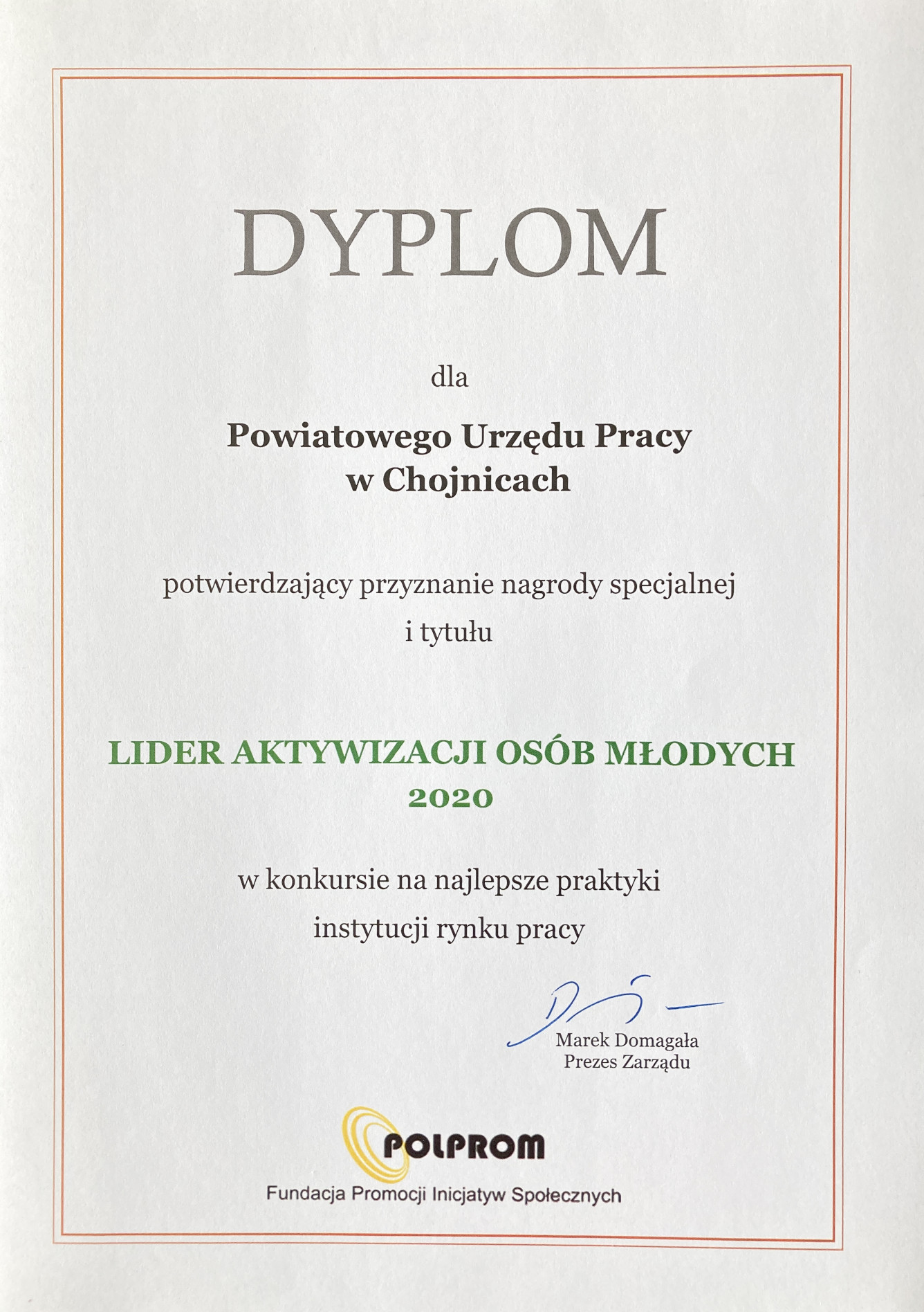 Dyplom - Lider Aktywizacji Osób Młodych - 2020 r.