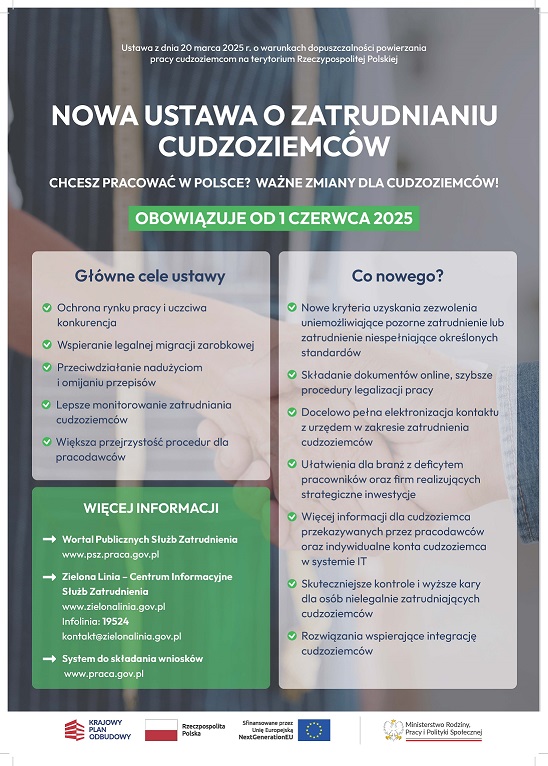 Zdjęcie artykułu Plakat informacyjny dotyczący obowiązującej od 1 czerwca 2025 r. ustawy z dnia 20 marca 2025 r. o warunkach dopuszczalności powierzania pracy cudzoziemcom na terytorium Rzeczypospolitej Polskiej